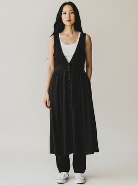 Dreamers Black Sleeveless V-Neck Midi Dress with Button Front